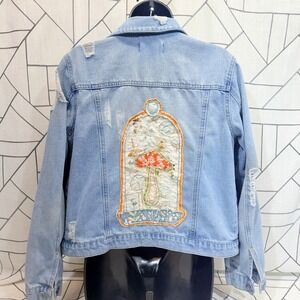 Cisono Denim Jacket Custom Mushroom Cloche Patch Distressed Jean Coat M Boho Art